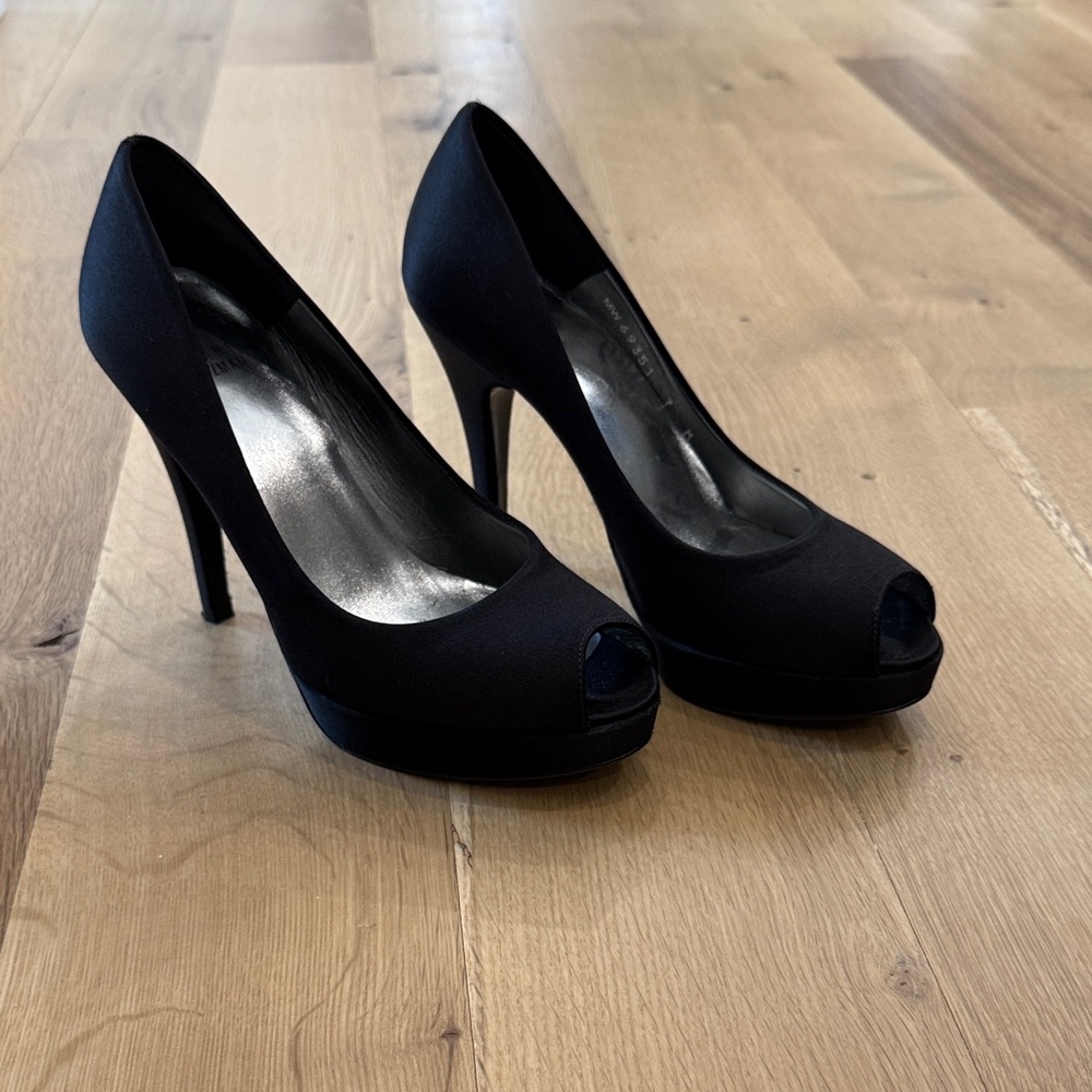 Stuart Weitzman Satin Black Peep-Toe Pumps